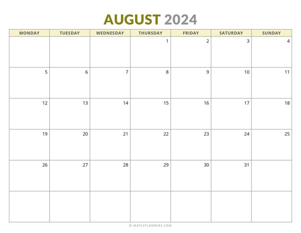 August 2024 Monthly Calendar (Monday Start)