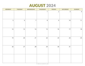August 2024 Monthly Calendar (Monday Start)