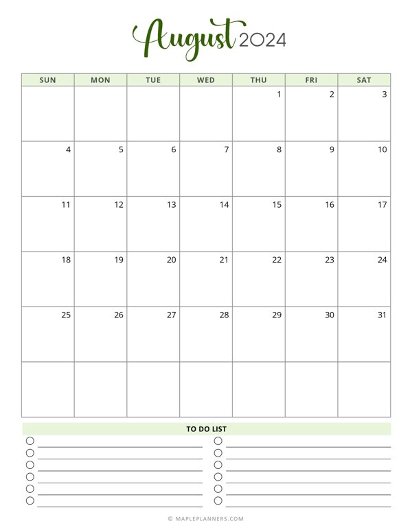August 2024 Monthly Calendar (Vertical - Sunday Start)