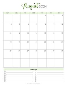 August 2024 Monthly Calendar (Vertical - Sunday Start)