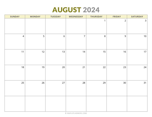 August 2024 Monthly Calendar (Sunday Start)