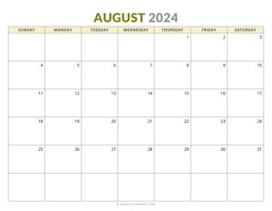 August 2024 Monthly Calendar (Sunday Start)