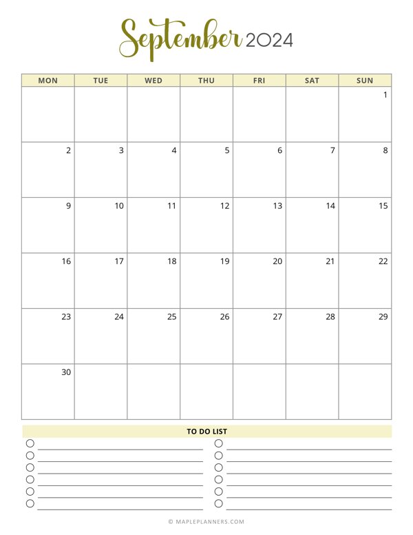 September 2024 Monthly Calendar Template - Monday Start