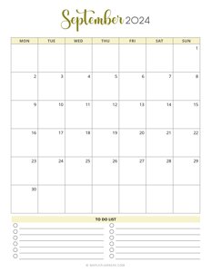 September 2024 Monthly Calendar Template - Monday Start