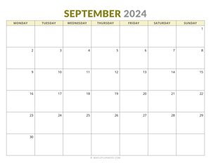 September 2024 Monthly Calendar (Monday Start)