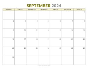 September 2024 Monthly Calendar (Monday Start)