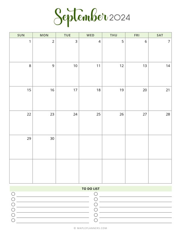 September 2024 Monthly Calendar (Vertical - Sunday Start)