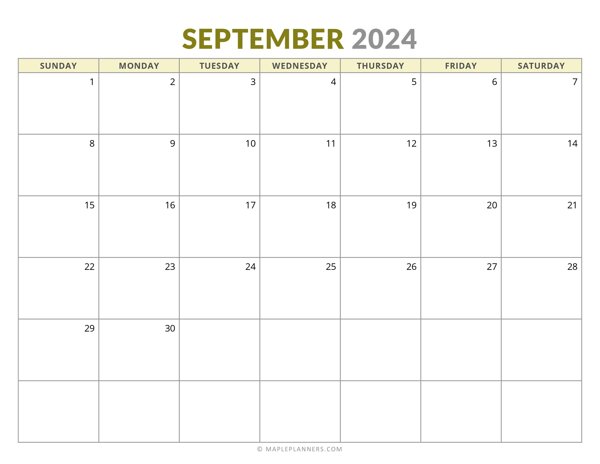 September 2024 Monthly Calendar (Sunday Start)