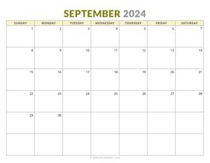 September 2024 Monthly Calendar (Sunday Start)