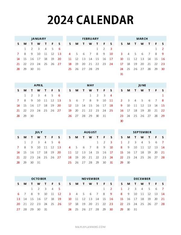 Free Printable 2024 Yearly Calendar Templates Benni Catrina