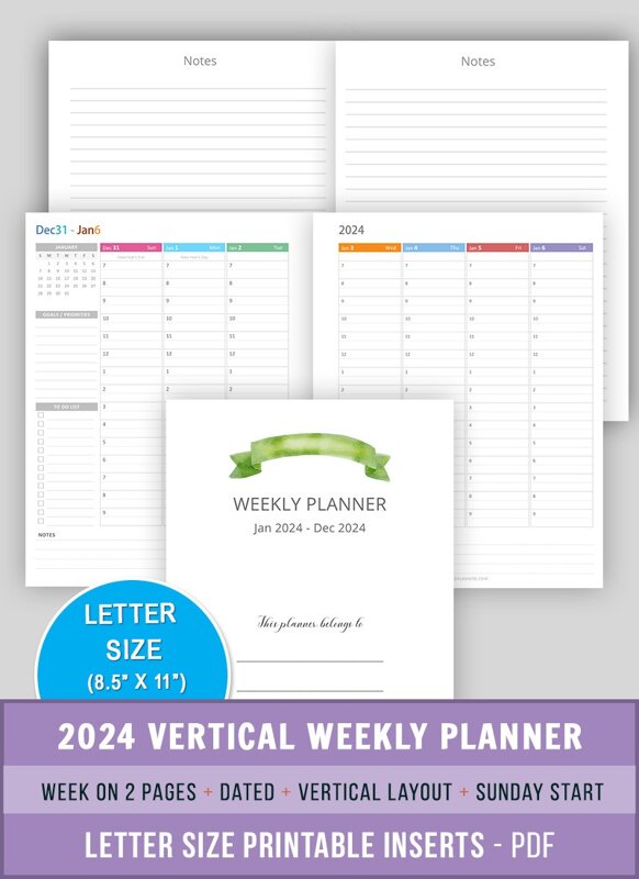 2024 Vertical Hourly Weekly Planner (Sunday Start)