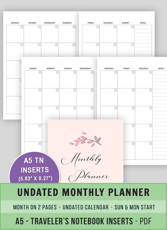 TN A5 Travelers Notebook Inserts | Undated Monthly Planner TN A5 Travelers Notebook Inserts | Undated Monthly Planner