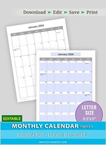 Editable Monthly Calendar (Vertical)