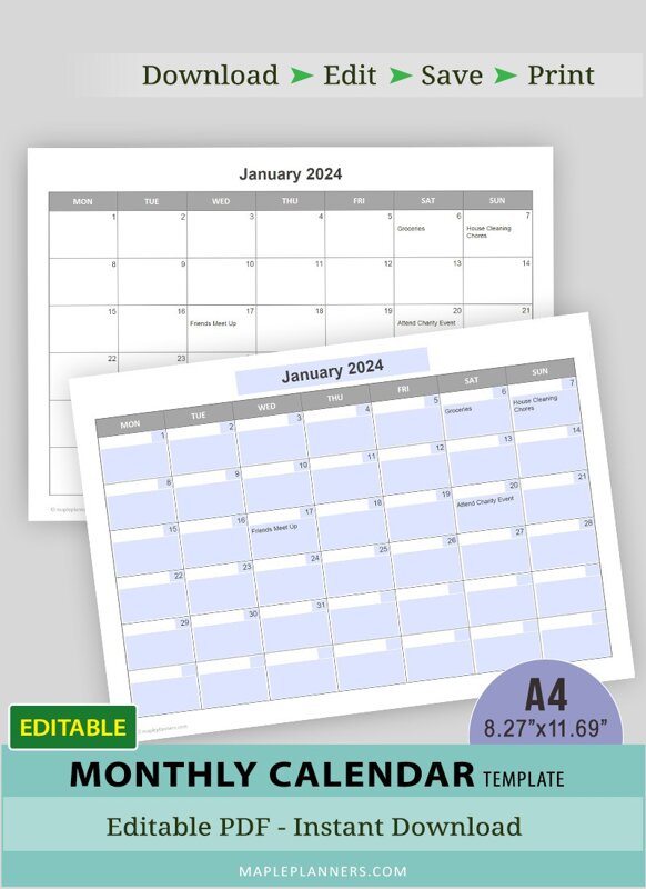 Editable A4 Monthly Calendar Templates