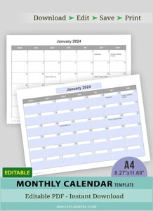 Editable A4 Monthly Calendar Templates