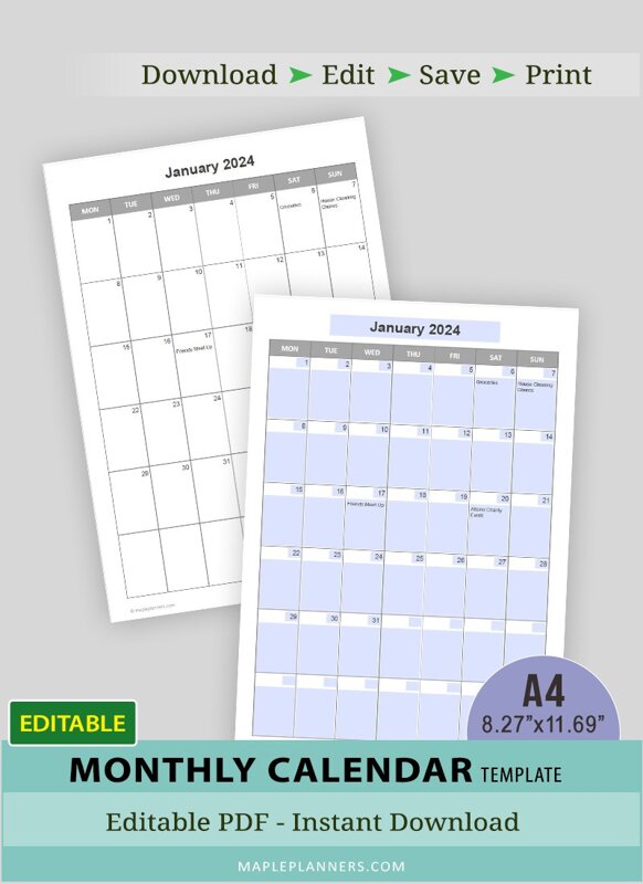 Editable A4 Monthly Calendar (Vertical)