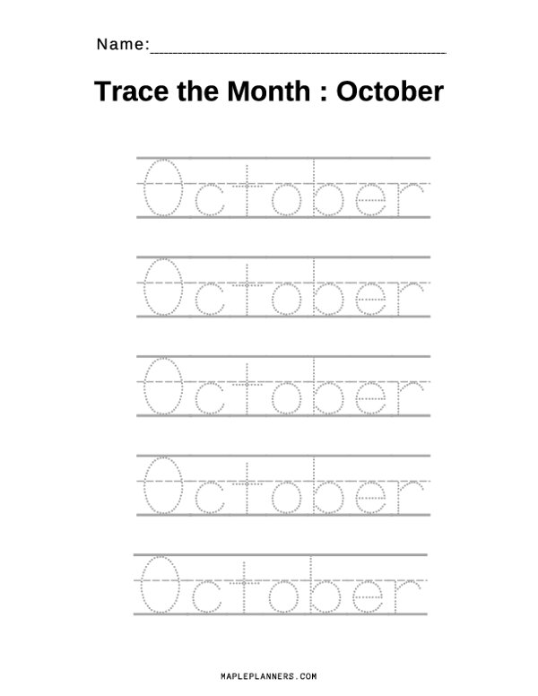 October Tracing Worksheets