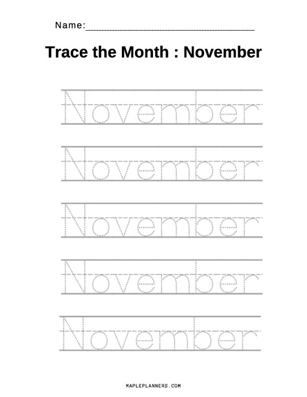 November Tracing Worksheets