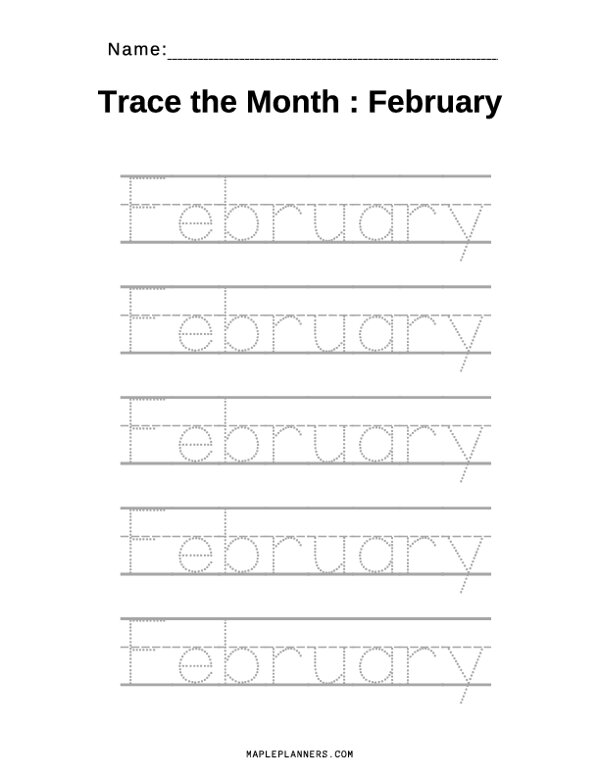 February Tracing Worksheets