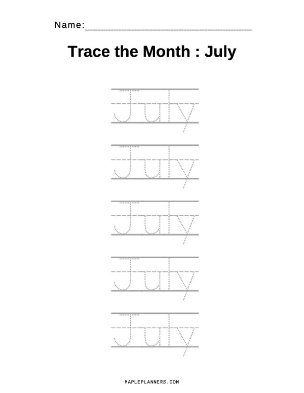 July Tracing Worksheets