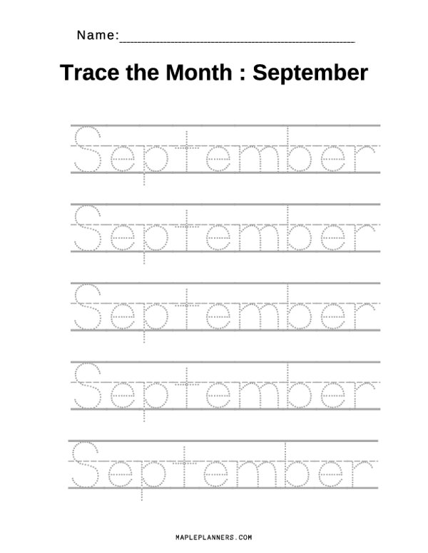 September Tracing Worksheets