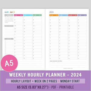 A5 2024 Hourly Weekly Vertical Planner