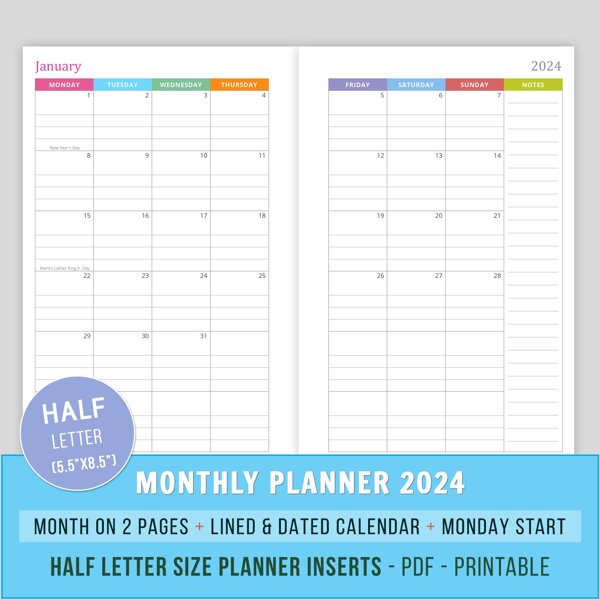 PRINTABLE 2024 Family Planner 2024 Family Calendar, 2024 Monthly Planner,  2024 Monthly Calendar, Classic, A5 Half-size A4 Letter 