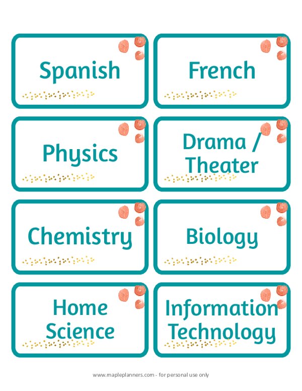 Free Printable Subject Labels for School