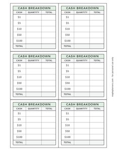 Cash Breakdown Slip