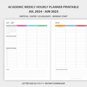 Academic Weekly Planner July 2024 - June 2025 (Monday Start)