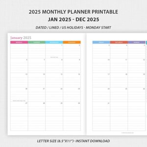 2025 Monthly Planner Calendar - Lined and Dated (Monday Start)