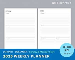 2025 Weekly Planner Printable, Sunday & Monday Start