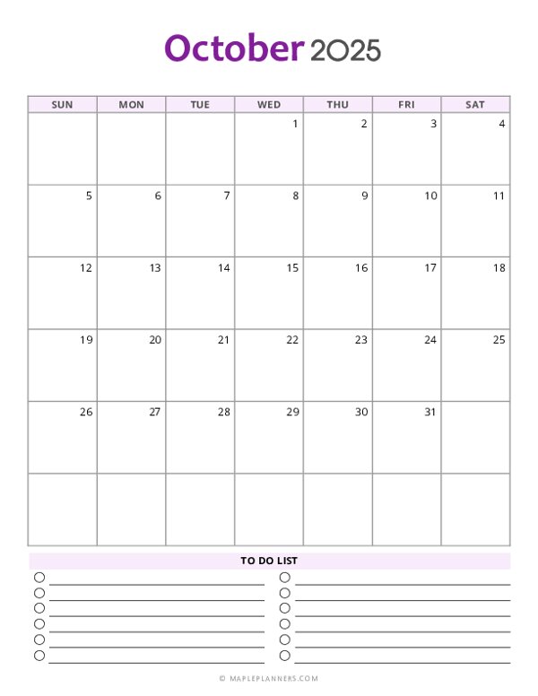 October 2025 Monthly Calendar - Sunday Start