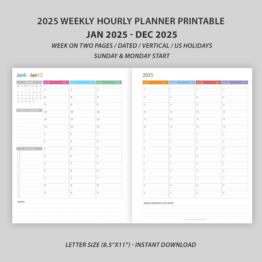 2025 Weekly Hourly Planner Printable | Vertical Weekly Planner