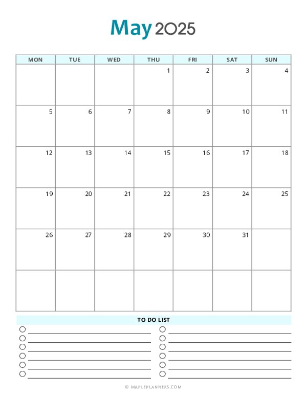 May 2025 Calendar Template Monday Start