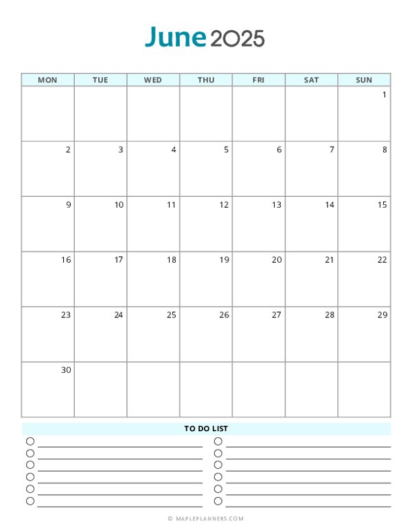 June 2025 Calendar Template Monday Start