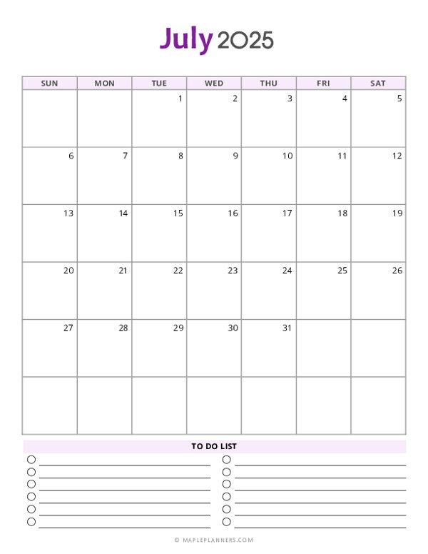 July 2025 Monthly Calendar Template