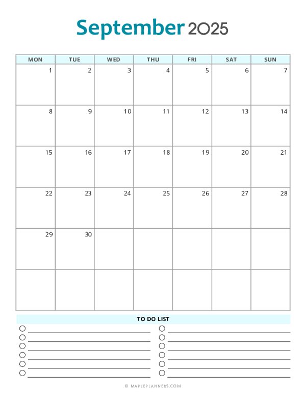 September 2025 Calendar Template Monday Start