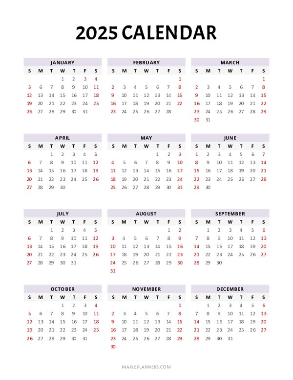 Free Printable 2025 Yearly Calendar Template