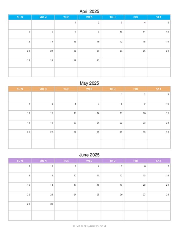 Free Printable Quarterly Monthly Calendar 2025: April to June