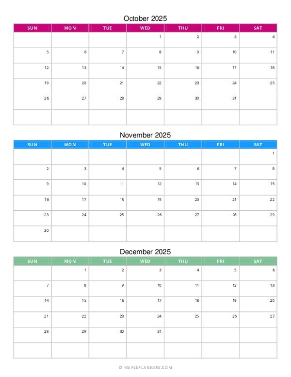 Three Month Calendar 2025 October November December Alyss Deloria