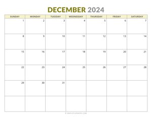 December 2024 Monthly Calendar (Sunday Start)
