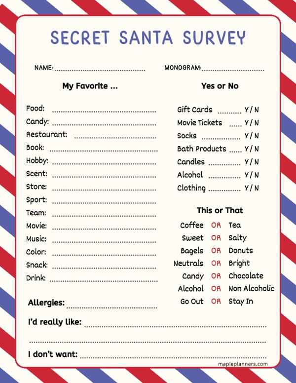 Secret Santa Form for Coworkers