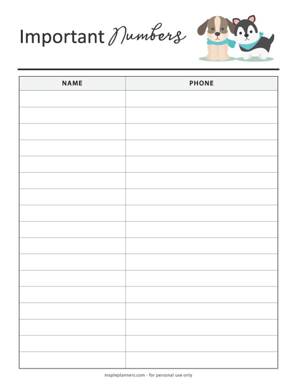 Pet Care Planner: Important Phone Numbers