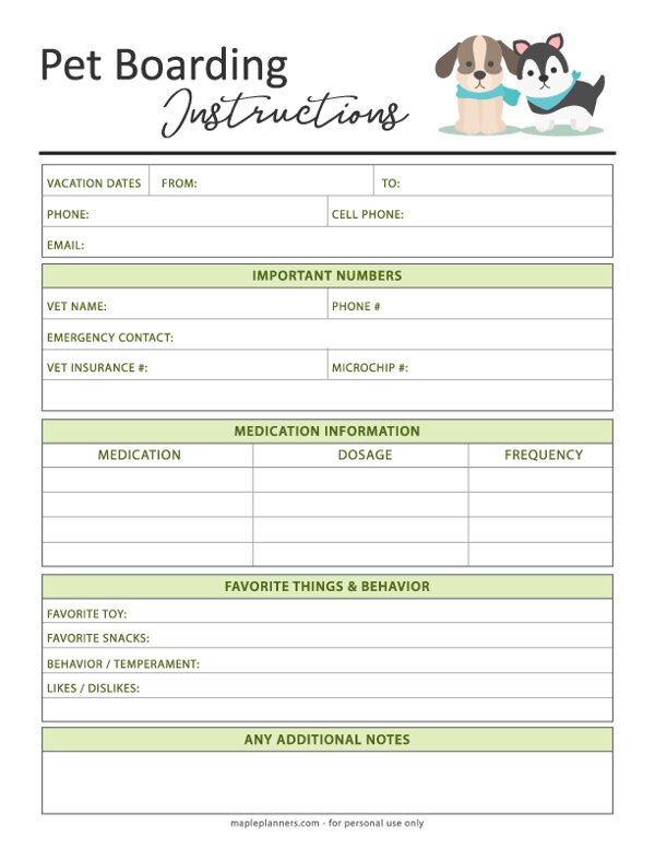 Pet Care Planner: Pet Boarding Instructions