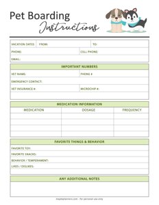 Pet Care Planner: Pet Boarding Instructions