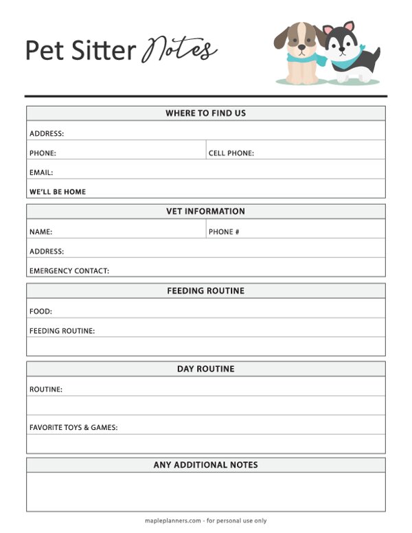 Pet Sitter Notes Template