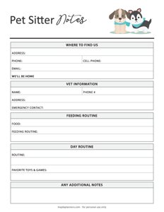Pet Sitter Notes Template