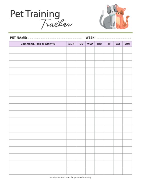 Pet Training Tracker Template for Cats