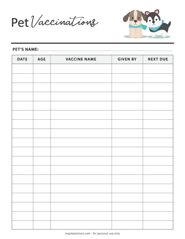 Pet Vaccinations Tracker Template